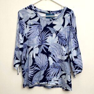 Caribbean Joe Blouse Top Women’s Sz XL Blue Cotton Blend Ruched 3/4 Sleeve